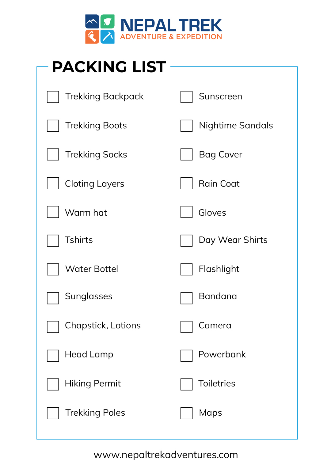 Packing List for Trekking in Nepal; Checklist