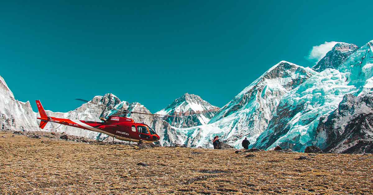 Helicopter landing at Kala Patthar(Black rock) during Everest base camp helicopter tour